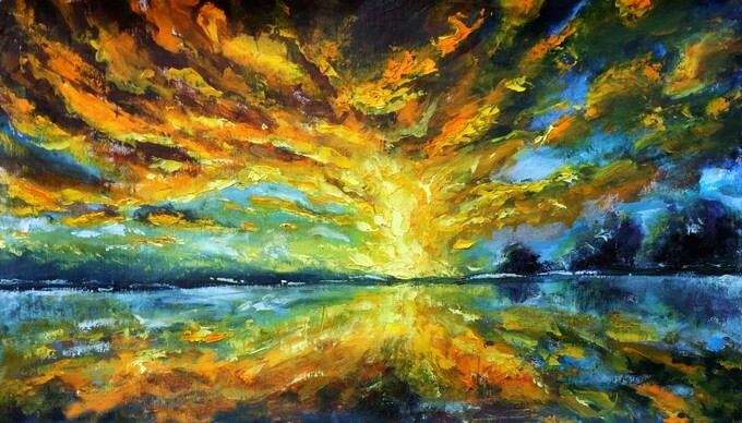 Original oil painting on canvas Sunrise over river - seascape artwork - Magic sunrise over lake